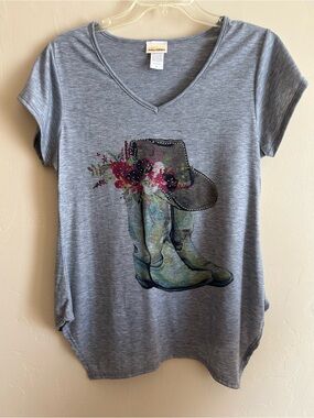 Western Rhinestone Embellished Grey T-shirt Size Small
